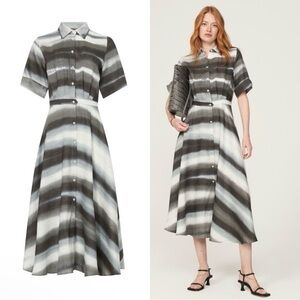 Officine Générale Gray and White Nadia Stripped Linen Midi Dress - Size Medium